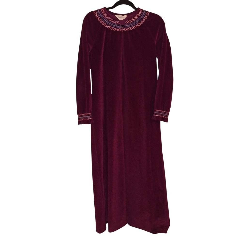 Vintage Vanity Fair 3/4 Zip Burgundy Robe House Coat‎ Maxi Multicolor Embroidery